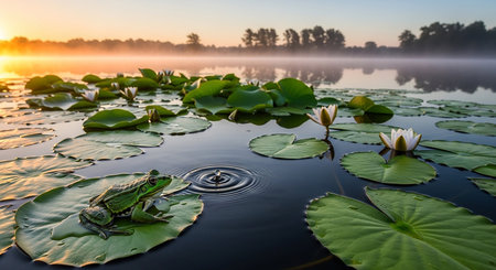 Frog sitting on a lotus leaf in a lake at sunriseの写真素材