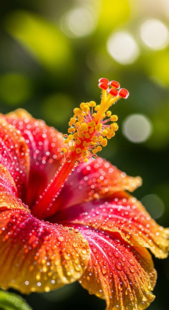 Hibiscus flower with dew drops on the petalsの写真素材