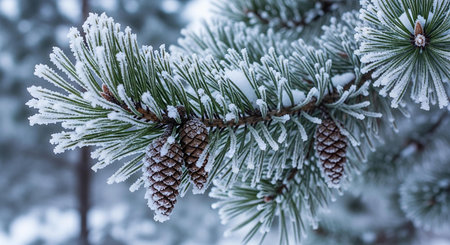 Pine tree branch covered with snow and pine cones in winter forestの写真素材