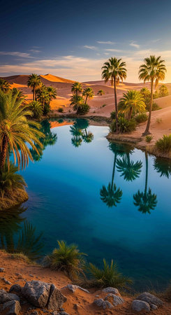 Sunset in the desert with palm trees reflected in the water.の写真素材