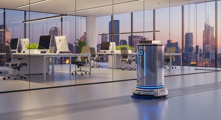 Modern office interior with large window and city view. 3D renderingの写真素材