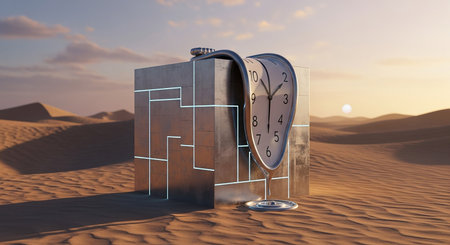 3d illustration of clock in the desert. Time management concept.の写真素材