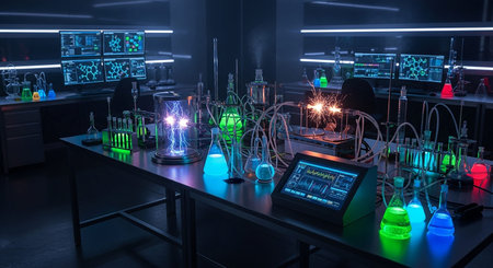 3d rendering of science laboratory with glowing lamps and test tubes.の写真素材