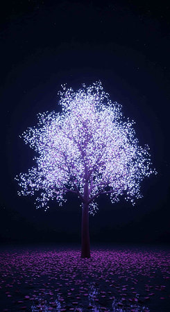 Tree with falling petals in the night sky. Vector illustration.の写真素材