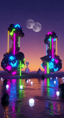 Futuristic city at night with neon lights. 3d renderingの写真素材