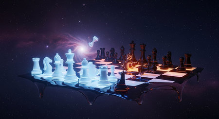 Chess board game concept. 3d rendering toned image double exposure