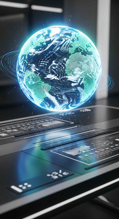 3d rendering of laptop with earth planet hologram over black backgroundの写真素材