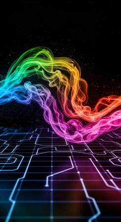 abstract colorful background with lines and curves, technology concept, 3d illustrationの写真素材