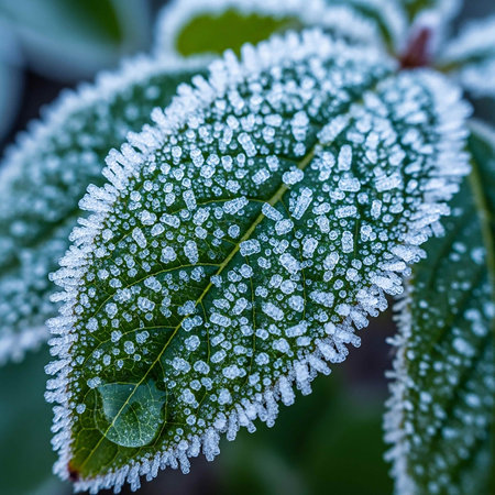 Frost on the leaves of a plant in the early morning.