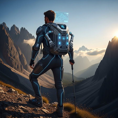 3D rendering of a male robot walking on a mountain path.の写真素材