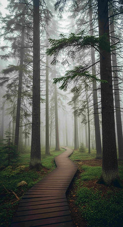 Wooden path in the forest in a foggy misty morningの写真素材