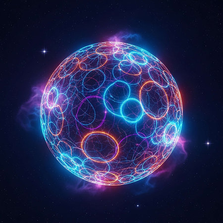 Glowing sphere with lines and dots in space. 3D renderingの写真素材