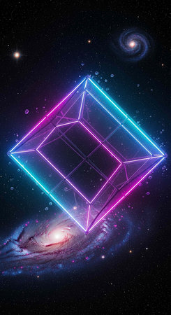 Neon cube in space with stars and planets. 3D rendering