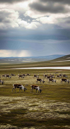 A herd of reindeers grazing in the Mongolian steppeの写真素材