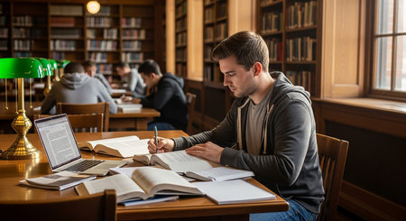 Young man sitting in library and writing notes. Student studying in university library