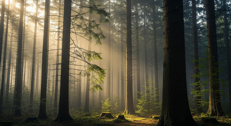 Mysterious evergreen forest in a fog at sunrise. Sun rays through tree trunks.