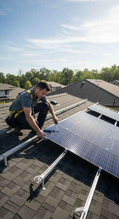 Worker installing solar photovoltaic panels on the roof of a houseの写真素材