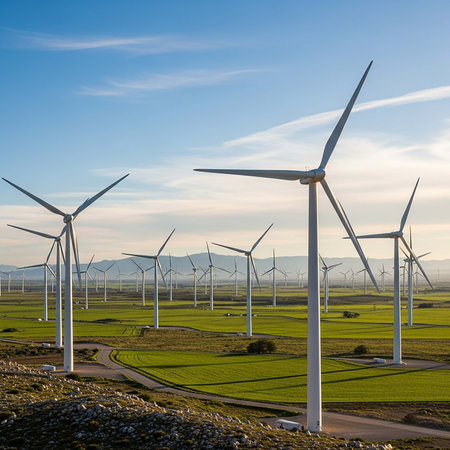 Wind turbine farm with blue sky background. Renewable energy concept.