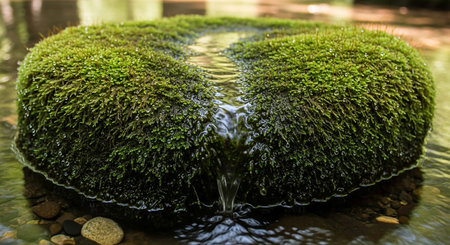 Green moss in the water on a stone in a small pond.の写真素材