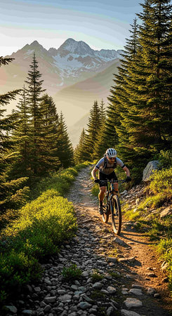 Mountain bike cyclist in action on rocky trail in high mountains.の写真素材