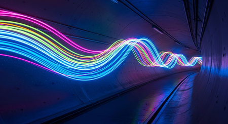 abstract light trails in the dark tunnel, long exposure photo.の写真素材