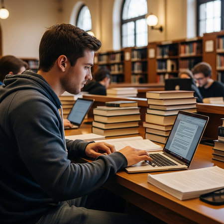 Young male student studying with laptop and books in the university library.の写真素材