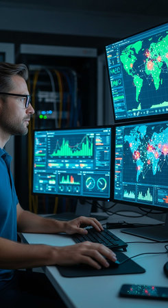 Side view of man using computer in server room with forex chart