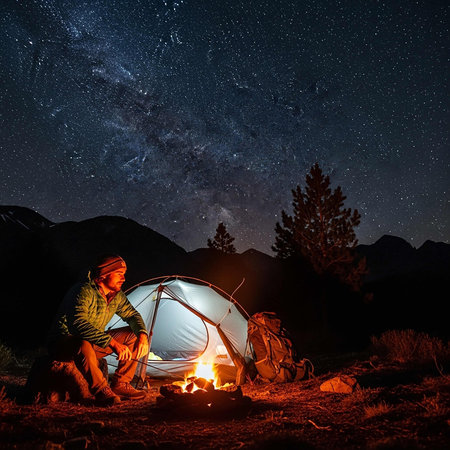 Tourist sitting near the campfire under the stars and milky way