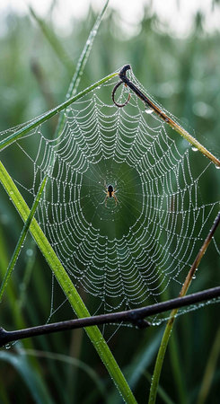 Spider web with dewdrops on the blade of grass.の写真素材