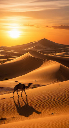 sunset in the desert of morocco sahara and camelの写真素材