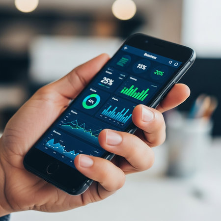 business, technology, internet and people concept - close up of woman hands holding smartphone with...