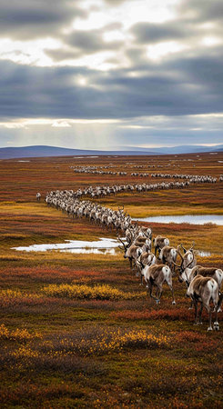 Herd of reindeer in the tundraの写真素材