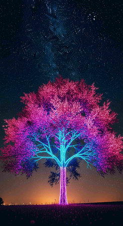 Illustration of a tree at night with stars in the background.