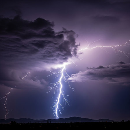 Thunderstorm over the city at night, thunderstorm in the sky