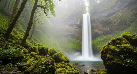 Beautiful waterfall in the forest with fog and green moss on the rocks