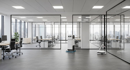Interior of modern office with white walls, concrete floor, panoramic windows and rows of computer tables. 3d renderingの写真素材