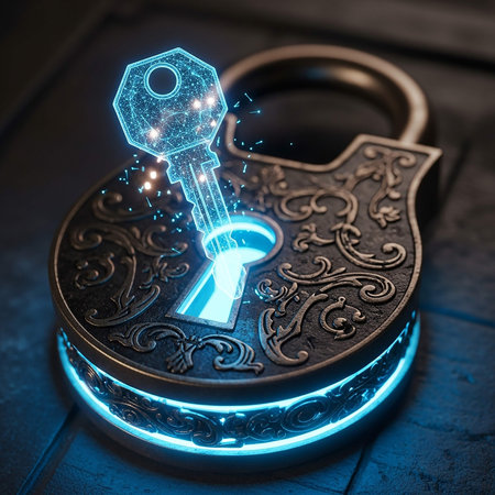 Padlock with keyhole on dark background. Cyber security concept. 3D Renderingの写真素材