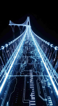Futuristic bridge with glowing lights at night. 3D renderingの写真素材
