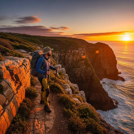 Hiker on the cliff at sunset in Cabo da Roca, Portugalの写真素材