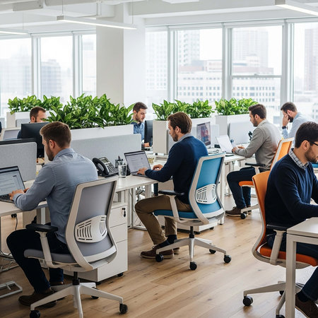 Group of business people working together in a modern open plan office.