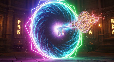 Digital composite of 3D glowing key with hexagon and lightning aroundの写真素材