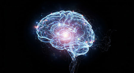 Digital illustration of human brain on black background, 3D rendering.