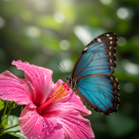 Beautiful butterfly on pink hibiscus flower, nature backgroundの写真素材