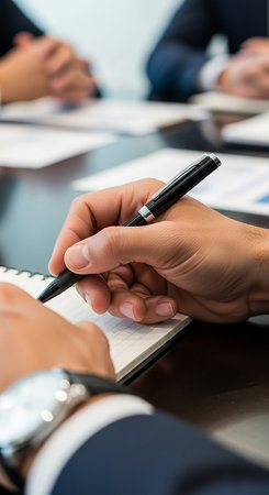 Close-up of business people hands writing in notebook at conference roomの写真素材