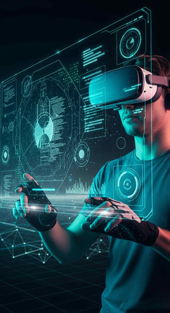 Portrait of a young man wearing virtual reality goggles and touching hologram screen