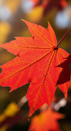 Red maple leaf in autumn, closeup of photo with shallow depth of fieldの写真素材