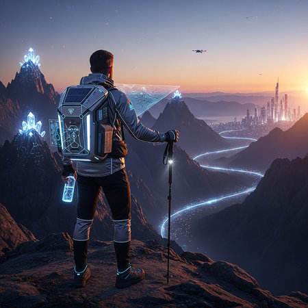 Back view of young man with backpack standing on the edge of a mountain.