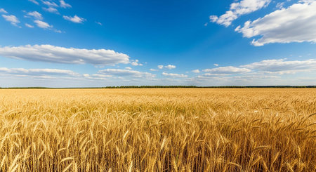 golden wheat field and blue sky with clouds, panoramic viewの写真素材