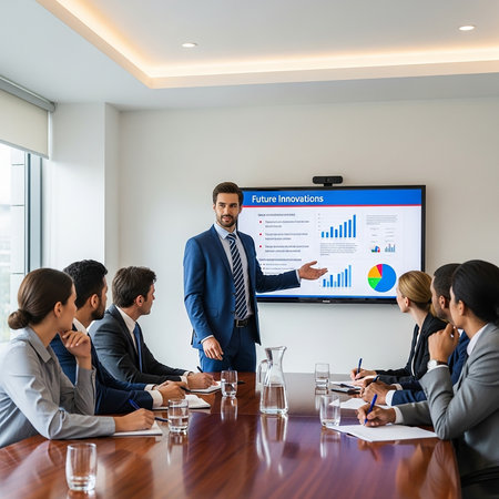 Businessman giving presentation to his colleagues in meeting room at office.の写真素材