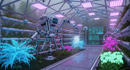 Futuristic robot in the garden. 3D Illustration.の写真素材